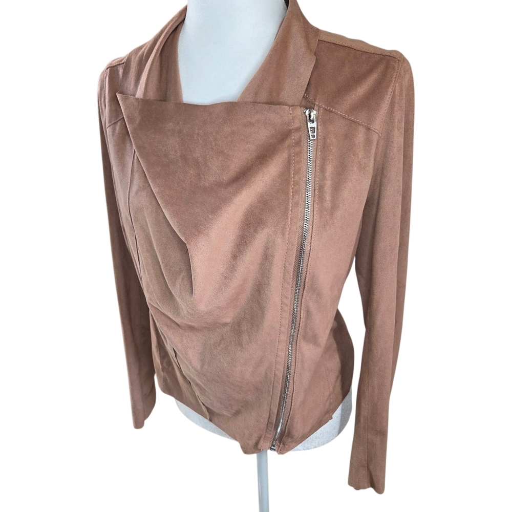 BlankNYC Faux Suede Moto Jacket Waterfall Drape Tan Size Medium